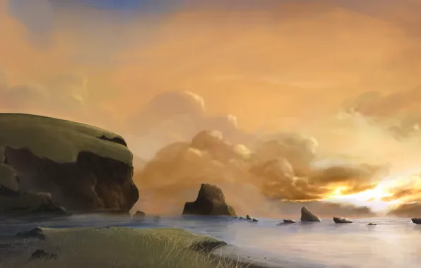 Картинка море, облака, камни, рассвет, маяк, арт, дорожка, нарисованный пейзаж