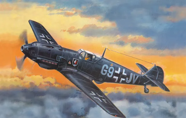 Картинка небо, рисунок, истребитель, арт, Messerschmitt, немецкий, WW2, Bf - 109E4