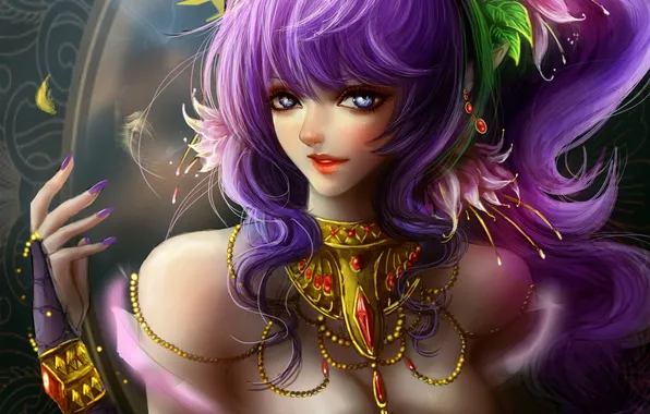 Картинка девушка, украшения, рука, арт, фиолетовые волосы, RikaMello, взгялд