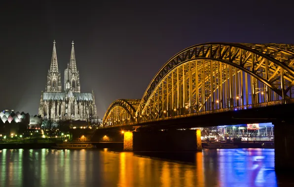 Картинка ночь, мост, огни, река, собор, германия, germany, cologne