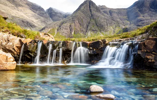 Горы, камни, скалы, вид, Шотландия, водопады, Highland