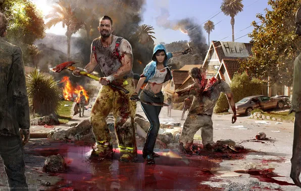 Картинка zombies, woman, man, swords, knives, dead island 2, machetes and axe