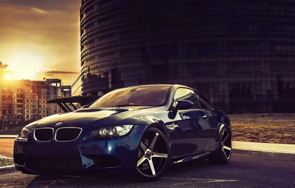 Солнце, Отражение, Город, BMW, Машина, Фары, Диски, E92