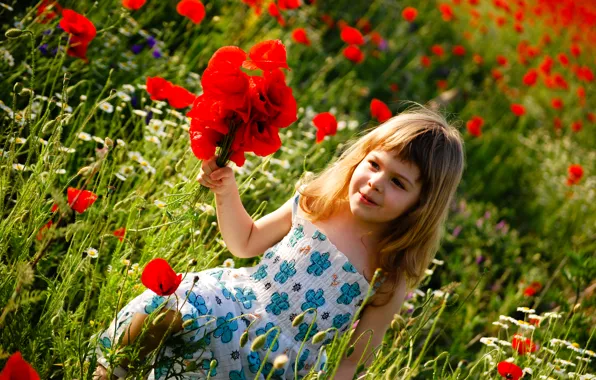 Картинка счастье, цветы, дети, детство, ребенок, flowers, green field, child