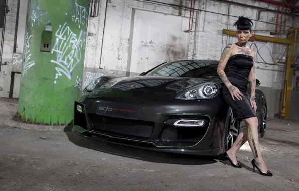 Взгляд, девушка, Девушки, Porsche, платье, тату, черный авто