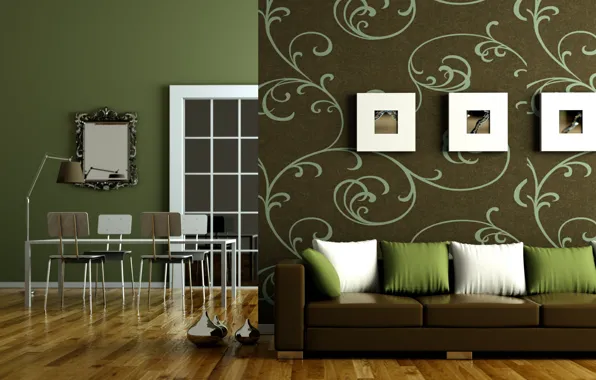 Картинка дизайн, зеленый, стиль, стол, диван, дерево, лампа, стулья