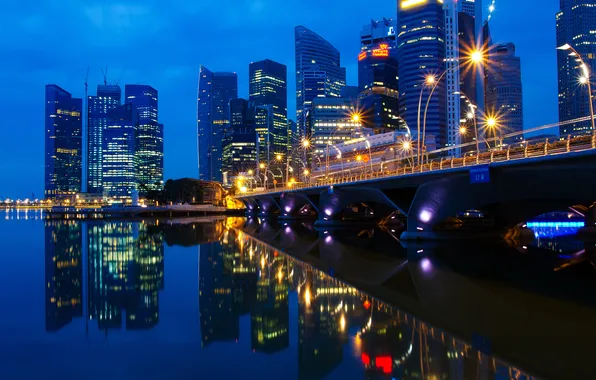 Мост, город, огни, отражение, вечер, сингапур, Singapore, малазия