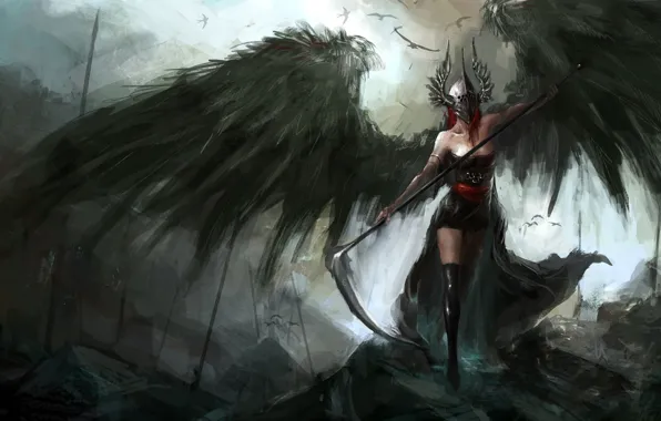 Картинка dark, demon, fantasy, stockings, wings, birds, angel, artwork