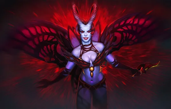 Картинка девушка, крылья, демон, арт, рога, Dota 2, Akasha, Queen of Pain