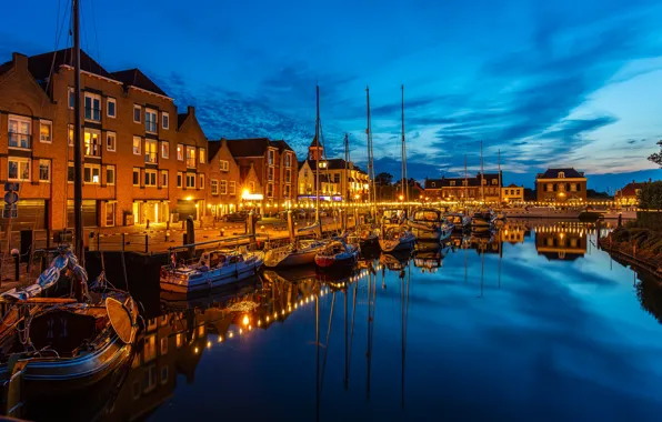 Отражение, здания, дома, яхты, канал, Нидерланды, ночной город, катера