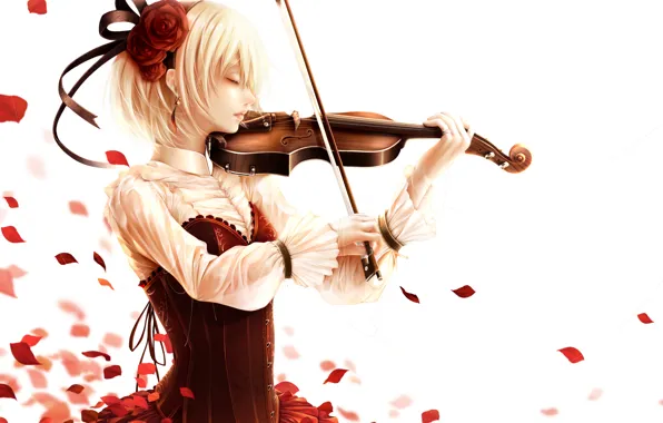 Девушка, скрипка, роза, аниме, лепестки, арт, bouno satoshi