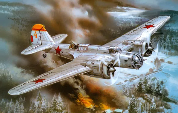 Картинка небо, война, арт, бомбардировщик, фронтовой, советский, скоростной, СБ2М-100А