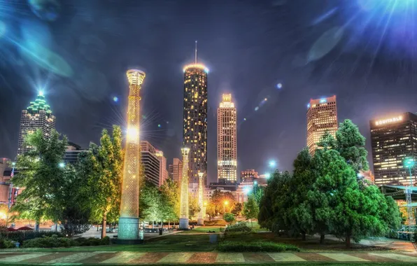 Картинка деревья, ночь, city, город, здания, небоскребы, США, Атланта
