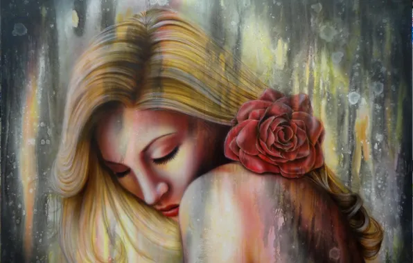 Картинка цветок, девушка, волосы, роза, арт, живопись, плечи, закрытые глаза