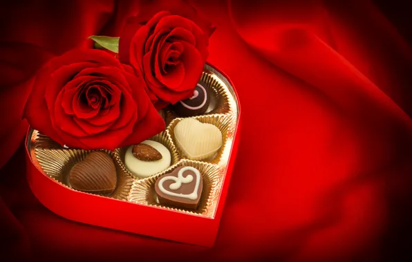 Картинка шоколад, розы, конфеты, бутоны, День Святого Валентина