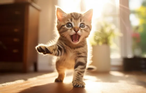 Язык, кошка, взгляд, солнце, свет, поза, котенок, серый