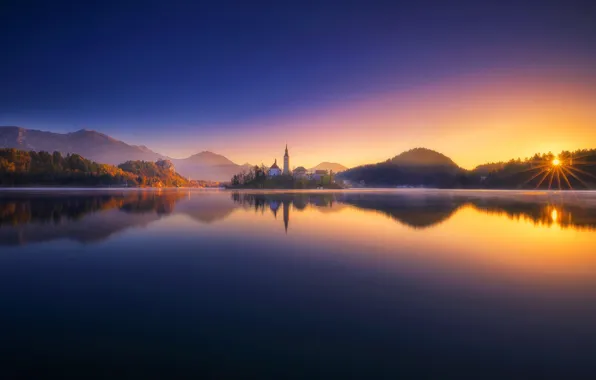 Картинка закат, озеро, отражение, Словения, Lake Bled, Slovenia, Бледское озеро, Блед