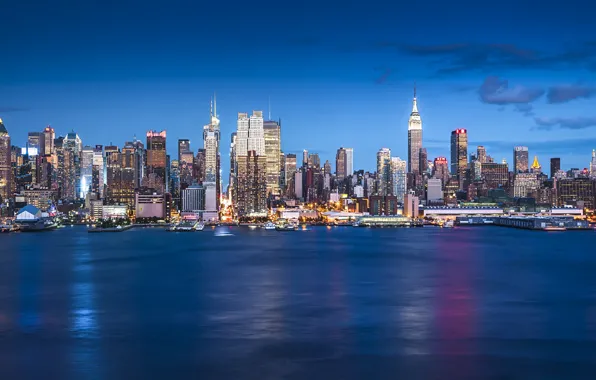 United States, New York, Manhattan, skyscrapers, blue hour, cityscape