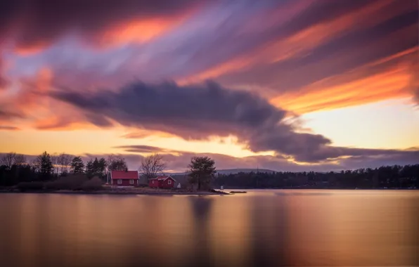 Картинка закат, озеро, дома