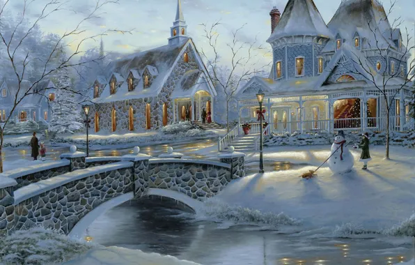 Картинка зима, мост, люди, праздник, елка, дома, рождество, снеговик