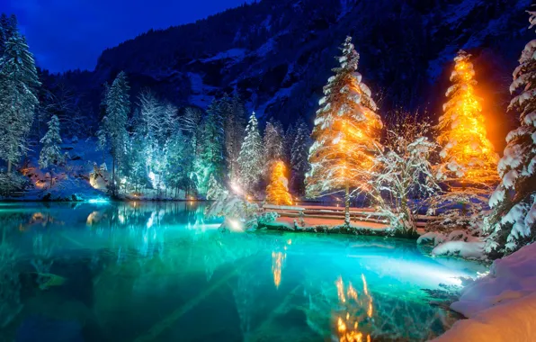 Картинка зима, снег, деревья, пейзаж, природа, озеро, вечер, Швейцария