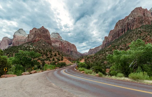 Road, cloud, park, mountain, tree, usa, national, utah