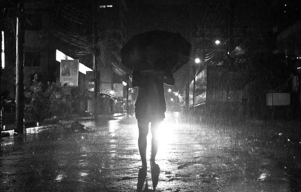 Картинка свет, зонтик, дождь, улица, фары, человек, силуэт, автомобиль