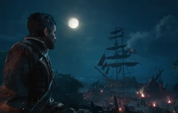 Ночь, луна, игра, корабль, скриншот, game, screenshot, Череп и кости