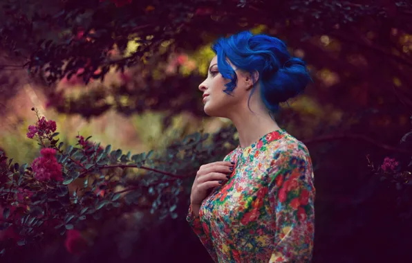 Девушка, платье, синие волосы