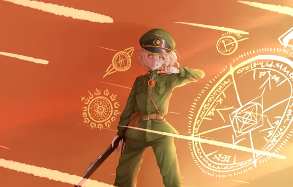 Girl, soldier, military, war, anime, chibi, eagle, cap