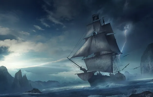 Картинка море, волны, шторм, фантастика, скалы, молния, корабль, парусник