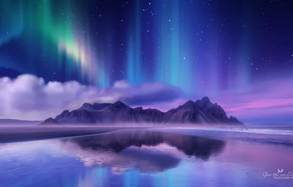 Горы, ночь, северное сияние, Gene Raz von Edler