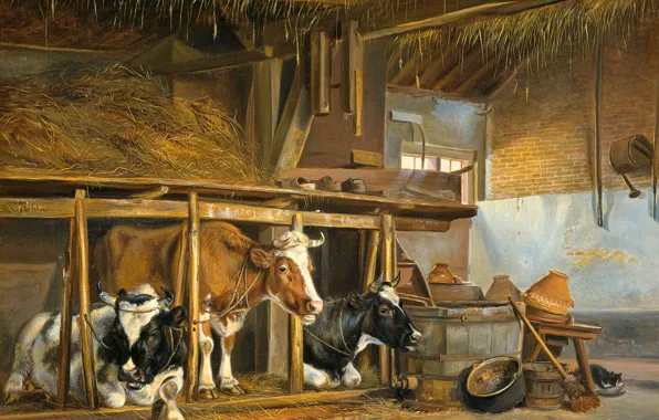 Животные, масло, картина, холст, Jan van Ravenswaay, Коровы в Хлеву