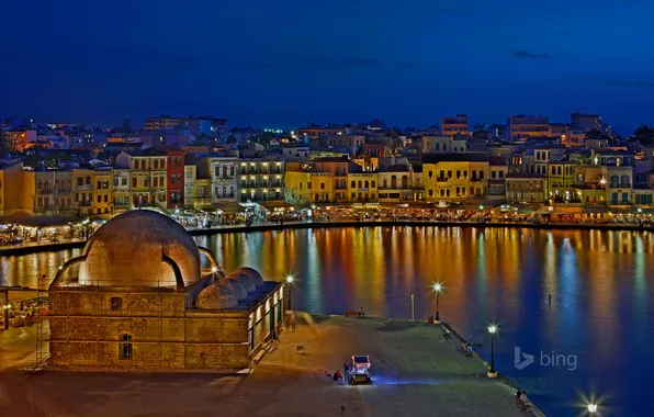 Картинка ночь, огни, дома, Греция, Старый город, Ханья, Венецианская гавань