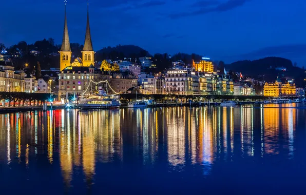Ночь, город, река, фото, дома, Швейцария, Luzern
