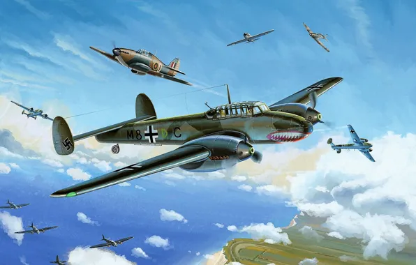 Картинка war, art, painting, Hurricane, drawing, ww2, He 111, dogfight