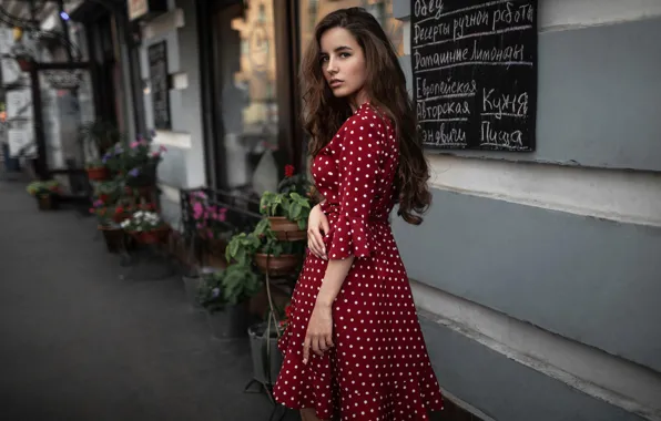 Картинка взгляд, девушка, поза, улица, волосы, платье, красивая, Андрей Фролов