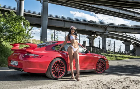 Взгляд, номер, Porsche, Эротика, красивая девушка, красный авто