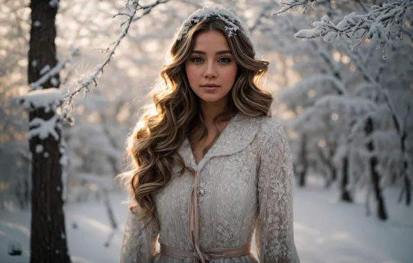 Зима, иней, лес, взгляд, девушка, свет, снег, деревья