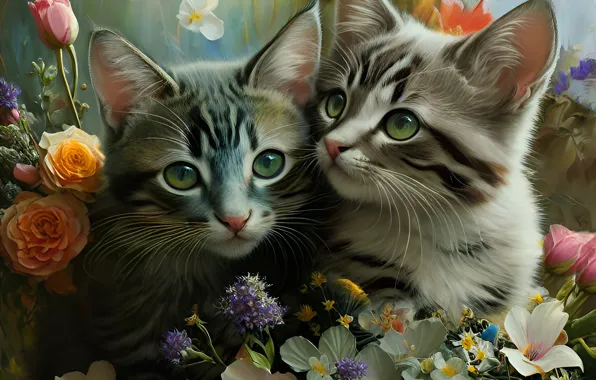 Взгляд, кошки, цветы, поза, котенок, котята, парочка, полосатые