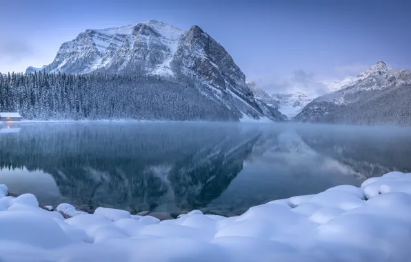 Зима, лес, снег, горы, озеро, отражение, Канада, Альберта