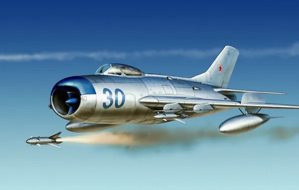 Картинка war, art, painting, aviation, russian fighter, russian jet, air combat, Mig 17