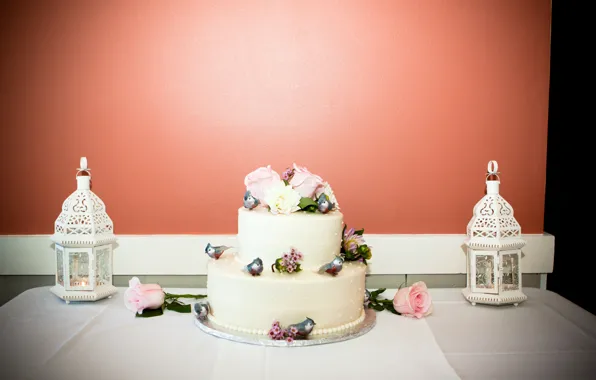 Птицы, розы, свечи, фонарь, торт, свадьба, декор, wedding