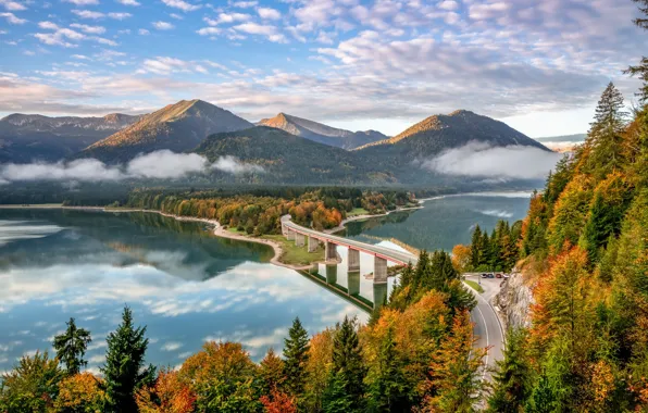 Картинка дорога, осень, лес, горы, мост, озеро, Германия, Бавария