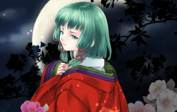 Девушка, цветы, ночь, луна, кимоно, Vocaloid, зеленые волосы, вокалоид
