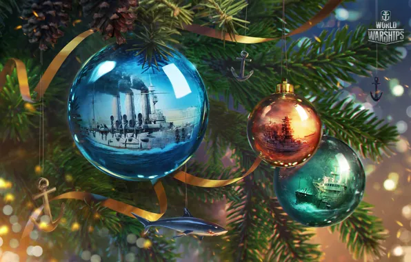 Картинка шарики, корабль, Новый год, праздники, New year, Wargaming, worldofwarships