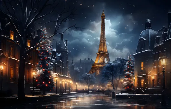 Картинка зима, снег, украшения, ночь, city, город, lights, огни