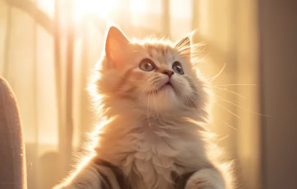 Кошка, взгляд, солнце, свет, поза, котенок, комната, лапки