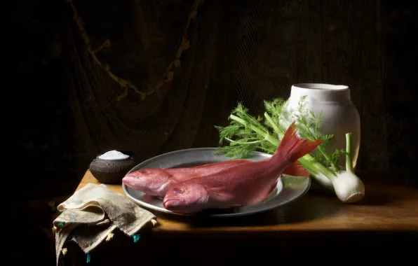 Рыба, натюрморт, морепродукты, соль