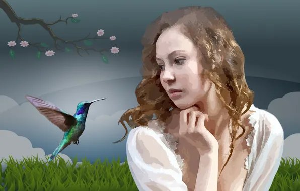 Женщины, лицо, колибри, девочка, красочные, ave